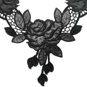 Close-up of black PU leather rose embroidery lace collar piece