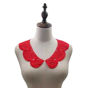 Detailed view of red water-soluble lace collar with intricate hollow embroidery decor