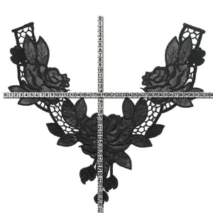 Detailed size measurement view of a black embroidered rose lace collar applique patch