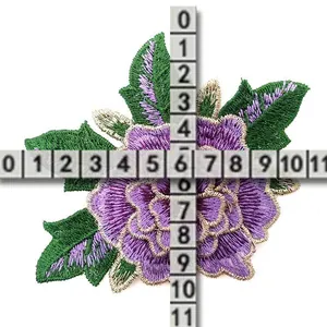 Close-up view of a purple rose embroidery patch showing 11x11cm dimensions for DIY crafts