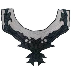 Hochwertige schwarze Satin-bestickte Spitzenhals-Blumenhalsband-Applikation für Kleidung.