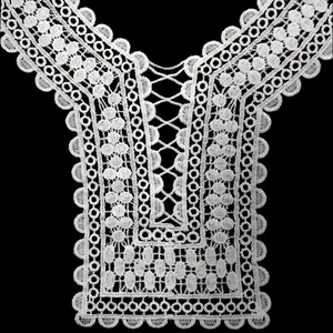 Detailed view of white water-soluble lace collar with 3D hollow embroidery design