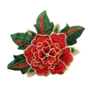 Detailed macro view of 3D embroidered red rose patch for DIY clothing and accessories