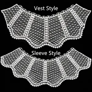 Detail view of white water-soluble lace collars in vest and sleeve styles