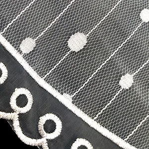 Macro detail of double-layer mesh lace with polka dot embroidery and scroll borders
