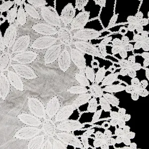 Macro view showing the intricate details of white cotton embroidered floral lace trim
