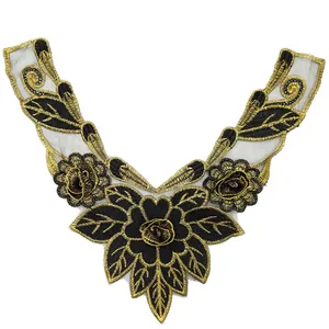 Applicazione in Pizzo Ricamato Floreale Rosa 3D Finto Colletto Artigianale Nero Oro Base in Rete Patch DIY per Abbigliamento Donna