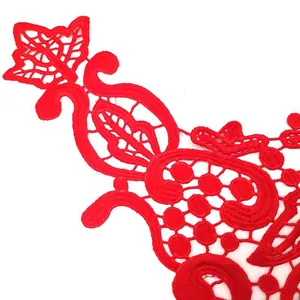 Close-up detail of red 3D water-soluble lace embroidery collar for DIY garment accessories