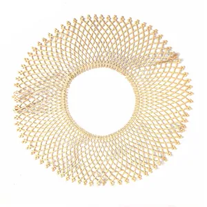 Detailed view of a circular beige water-soluble lace collar with intricate hollow embroidery