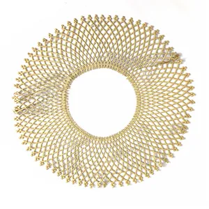 Detailed view of beige circular water-soluble lace collar with intricate hollow embroidery