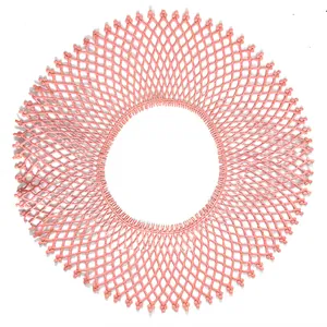 Detailed view of pink circular water-soluble lace collar with intricate hollow embroidery