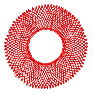 Detailed view of red water-soluble lace circular collar with hollow embroidery pattern
