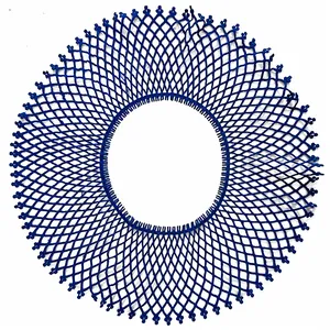 Detailed view of dark blue circular water-soluble lace collar with mesh embroidery