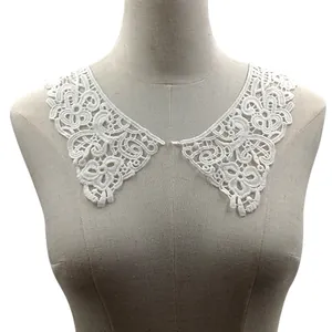 Detailed view of white milk silk lace hollow embroidered collar applique for DIY sewing.