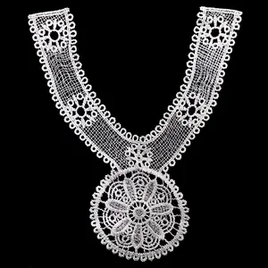 Close-up detail of white water-soluble lace collar flower for DIY dress making