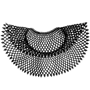 Detailed macro view of black water-soluble guipure lace fake collar with hollow grid design