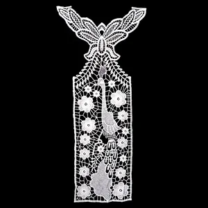Detail view of white milk silk lace collar with peacock and butterfly embroidery
