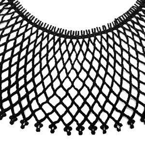 Close-up detail showing the intricate texture of black water-soluble mesh lace collar