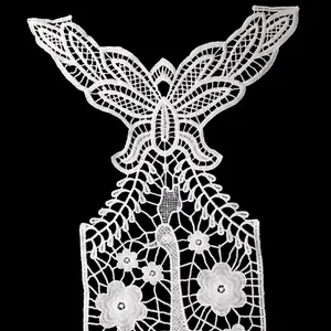Detailed view of white water-soluble lace butterfly applique for garment decoration