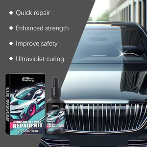 Car windshield crack repair kit with 30ml liquid dropper bottle and English feature list.