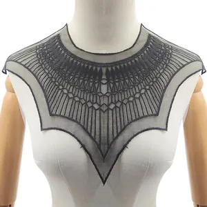Detailed view of a black geometric lace embroidered collar for DIY clothing decoration