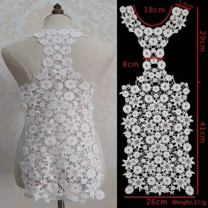 Detailed measurement diagram of white water-soluble lace floral embroidery back collar
