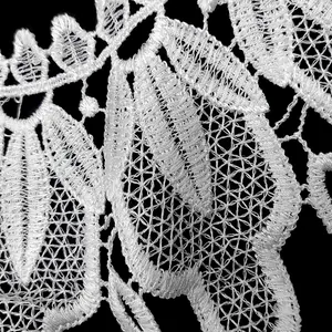 Macro view of white water-soluble lace collar showing intricate floral embroidery texture.