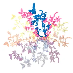 Detailed view of colorful water-soluble embroidered lace flower patches for DIY sewing