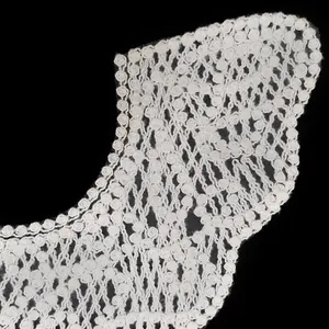 Detailed close-up view of intricate white embroidered lace collar with rosette patterns