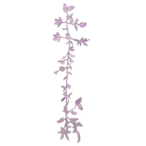 Detailed view of lavender water-soluble lace embroidery flower patch with hollow pattern