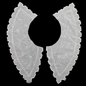Detailed view of white cotton embroidered detachable collar with eyelet lace floral trim