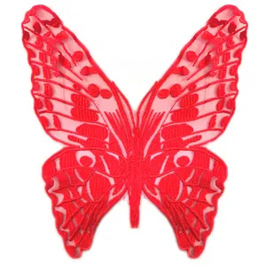 Vibrant red embroidered butterfly patch with intricate lace detail for DIY clothing