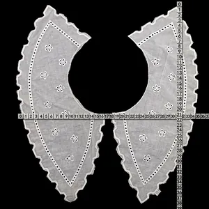 White embroidered cotton lace fake collar with floral cutouts and dimensions