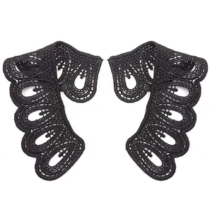 Pair of black water-soluble lace collar patches with intricate hollow floral embroidery