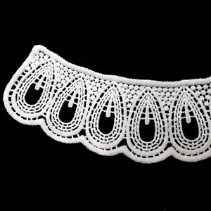 Macro view of white water-soluble milk silk embroidered lace collar with hollow teardrop motif