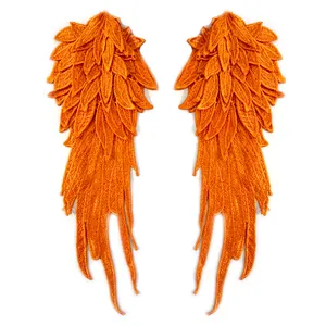 Detailed orange angel wings embroidery patch with multi-layered heavy work lace design.