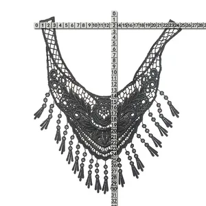 Detailed view of black water-soluble lace collar with 3D embroidery and measurements