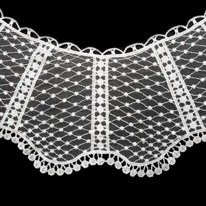 Detailed view of white water-soluble lace embroidered fake collar with floral mesh embroidery