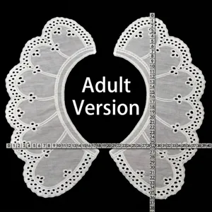 Detailed measurement view of white cotton embroidered lace collar for adult style.