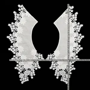 Measurement detail of white embroidered cotton lace collar applique on black background