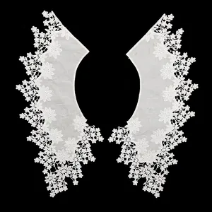 High-detail view of white floral embroidery water-soluble lace collar for DIY clothing