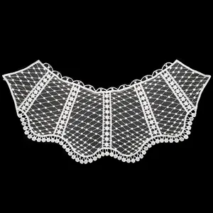 High-quality detailed view of white embroidered floral lace false collar on mesh base.