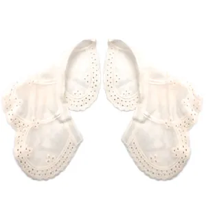 Detailed view of white embroidered cotton lace collar with delicate eyelet patterns
