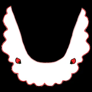Close-up of white lace collar with red scalloped edges and strawberry embroidery
