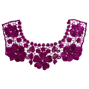 Detailed purple polyester silk embroidered floral lace neckline patch for DIY crafts