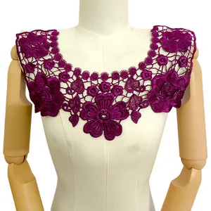 Detailed view of deep purple 3D hollow embroidered lace floral collar on a mannequin
