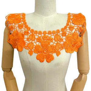 Close-up of bright orange 3D embroidered floral lace collar appliqué for DIY garments