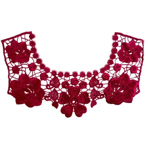 Detailed view of dark pink floral lace collar embroidery with hollow-out pattern