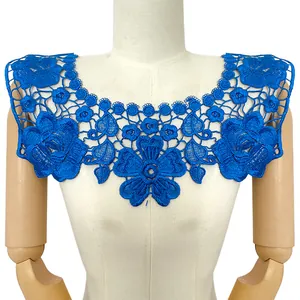 Detailed view of blue floral embroidery lace collar on a mannequin for DIY crafts
