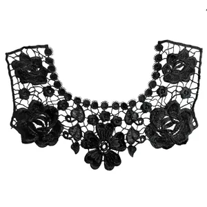 Detailed macro view of a black floral lace embroidery neck collar with intricate patterns